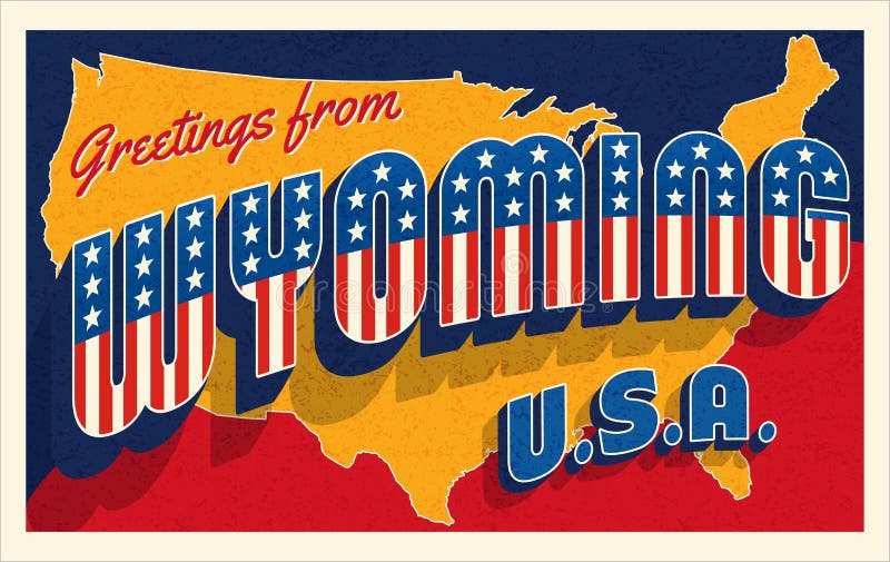 Wyoming USA. Retro style postcard with patriotic stars and stripes lettering