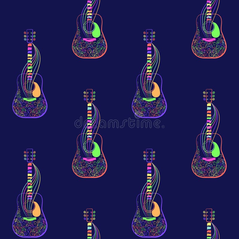 Seamless pattern. Colorful guitars on a blue background. Ornamented guitar, vector royalty free illustration