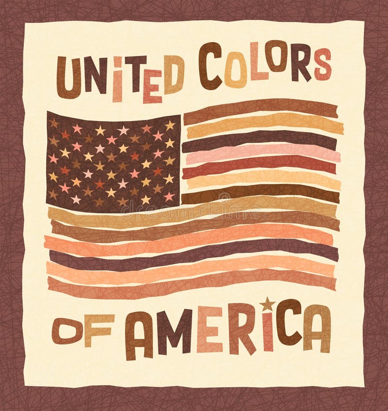American flag in colors of skin tones promoting diversity and unity in the USA. American flag in colors of skin tones includes African, Asian, Indian, Caucasian stock illustration