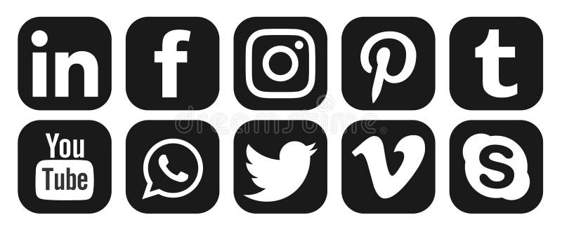 Facebook, Instagram, whatsapp, youtube Linkedin twitter vimeo skyp pinteret logo icon in black vector  isolated on white background. in ai10