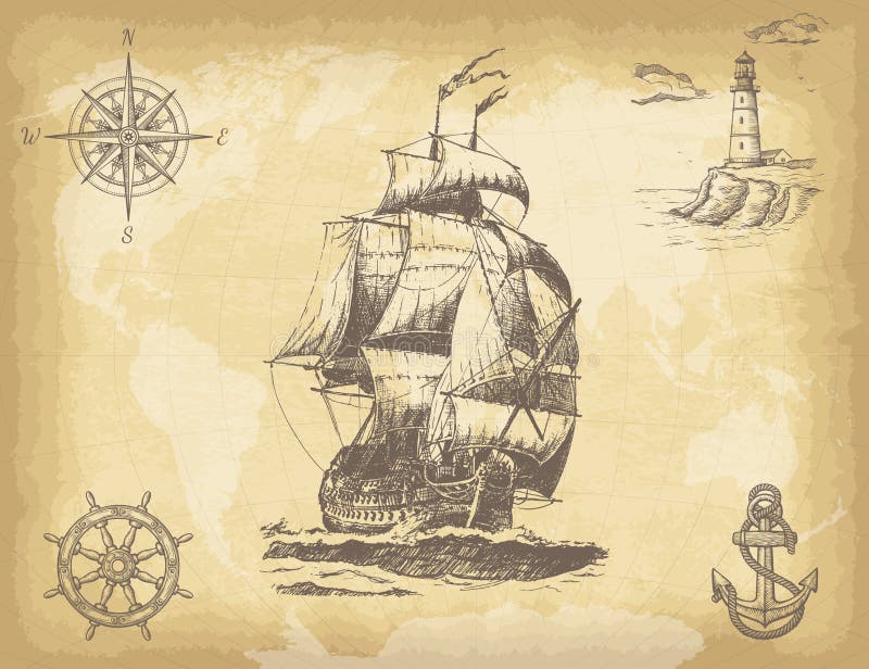 Hand drawn background with vintage sailing ship, compass, lighthouse, ship wheel, anchor and world map on old paper texture.