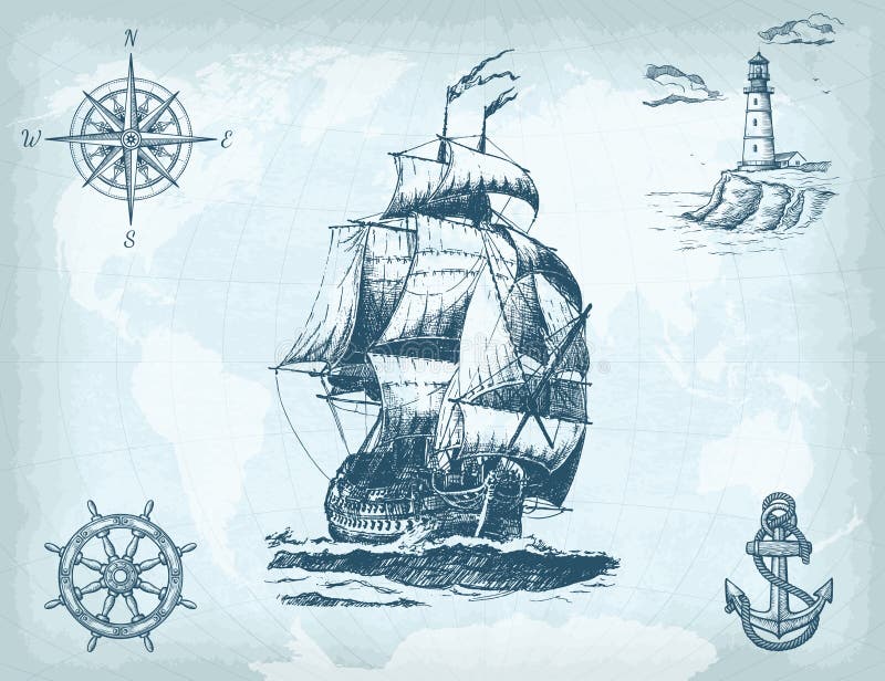 Hand drawn background with vintage sailing ship, compass, lighthouse, ship wheel, anchor and world map on old craft paper texture.