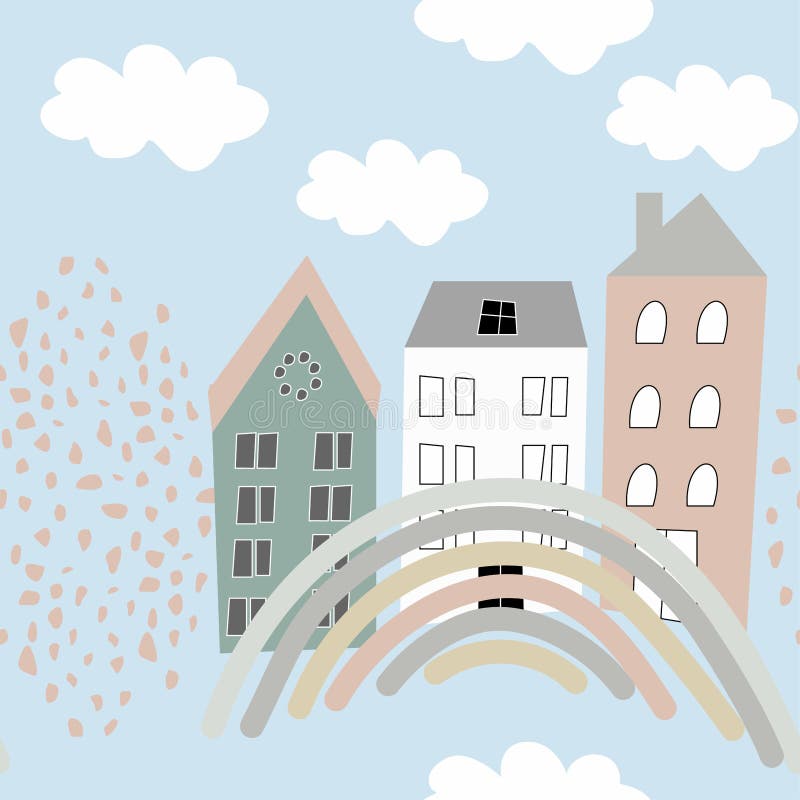 Childish seamless pattern with old buildings, rainbow, dots, abstract shapes and textures. Good for kids fabric, textile. royalty free illustration.