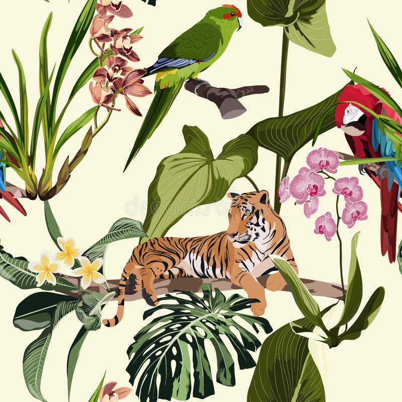 Exotic Animal: Tiger and Parrot in the Jungle Pattern Vintage Background  Illustration Seamless Pattern. Stock Vector - Illustration of background,  floral: 191797805