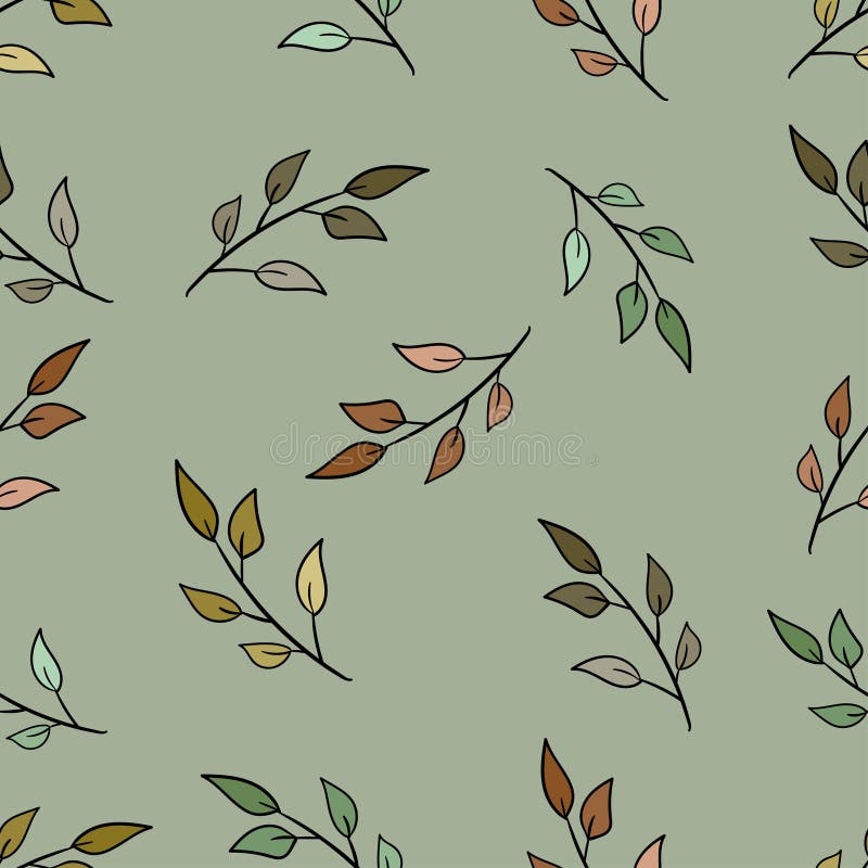 Colorful Branch with Leaves on Muted Green Background. Seamless Floral Doodle Pattern. Stock