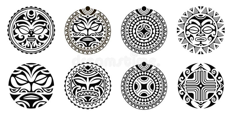 Set of round Maori tattoo ornament with sun symbols face and swastika.