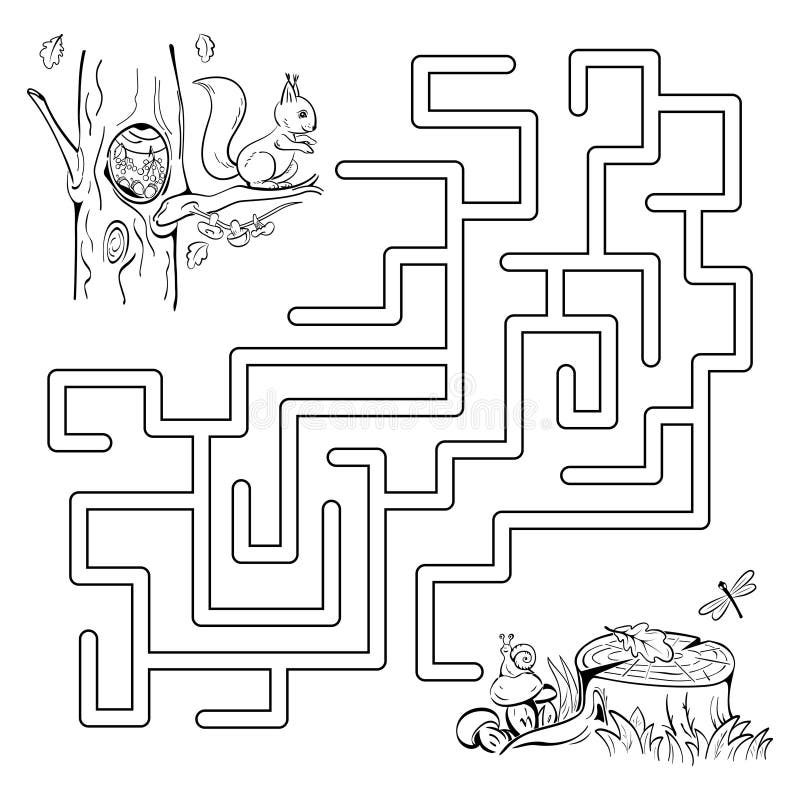 Maze game with a squirrel. Help the little squirrel to get to the mushrooms by the old tree stump. Black sketch. Coloring page. Old tree stump sketch vectors