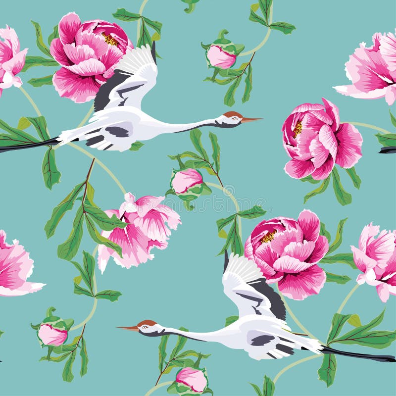 Seamless pattern with Japanese white cranes and pink peony. Pattern basic vectors