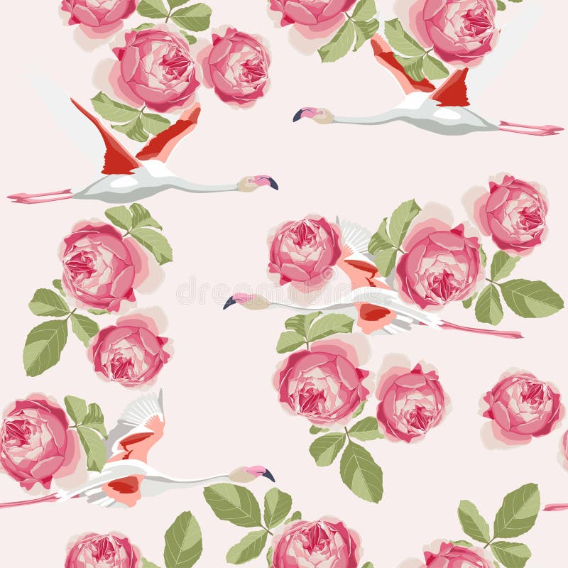 Flying flamingo seamless pattern with pink garden roses. Pattern basic vectors