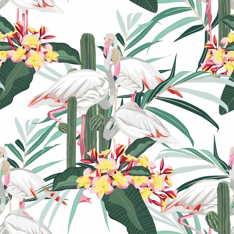 Seamless pattern with white flamingos, palms and plumeria flowers branch with leaves. Simple design for fabric. Light pattern. White background. Pattern basic vectors
