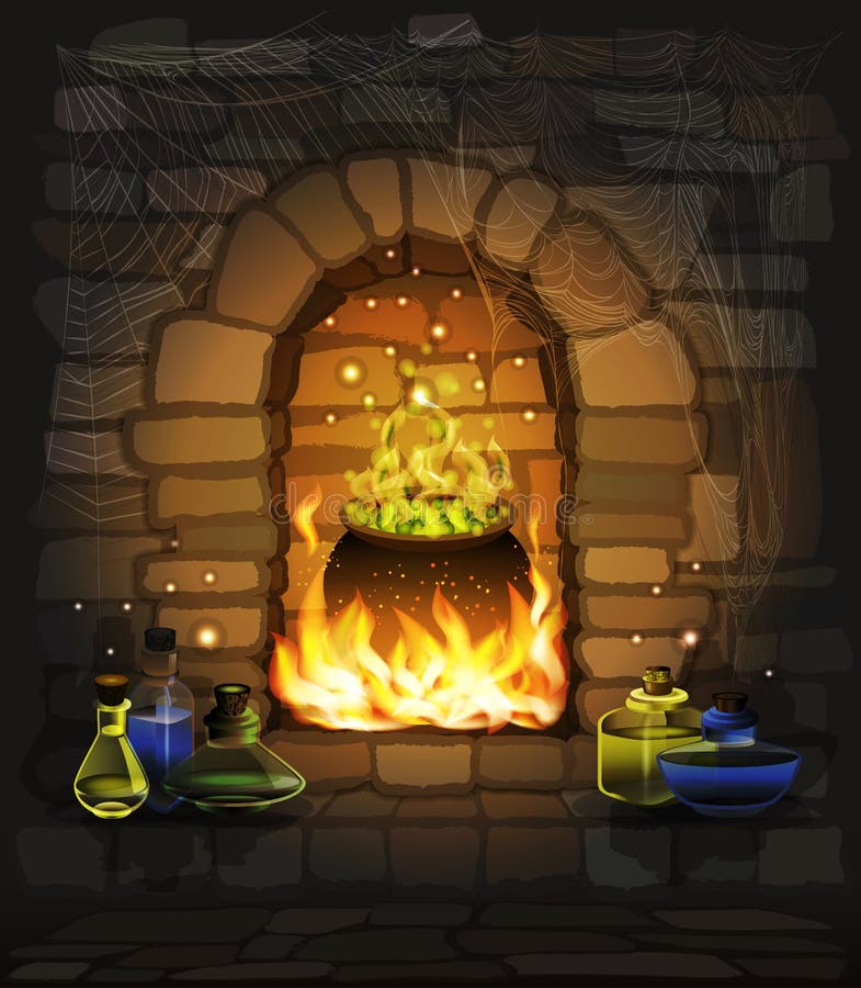 Happy Halloween Background, Fantasy Fireplace with Magic Cauldron Glass Jar Stock Vector