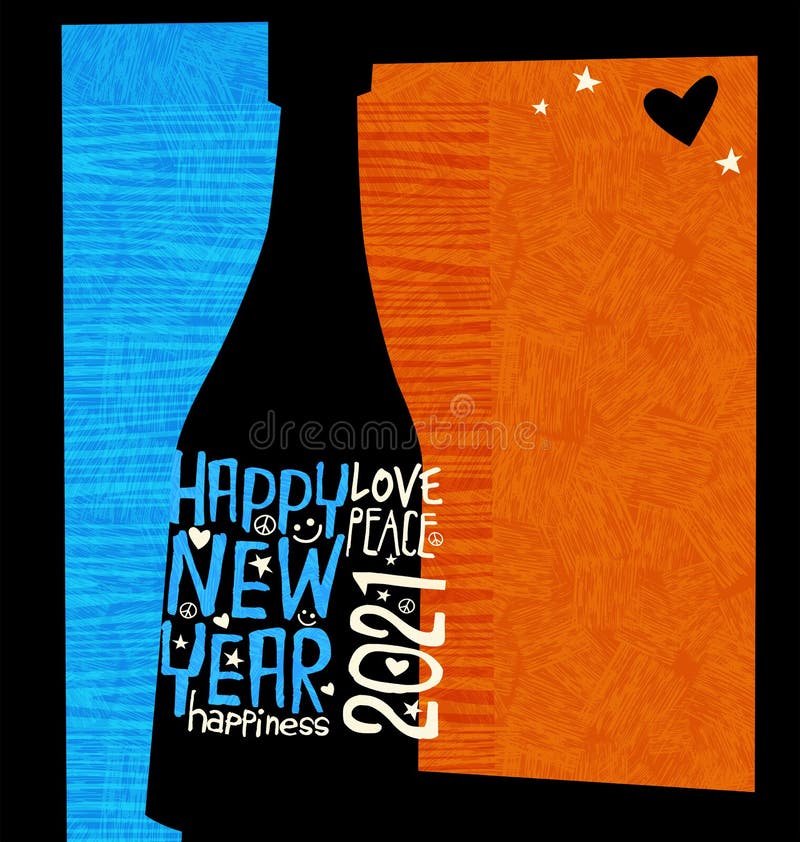 Happy New Year 2021 design. Abstract champagne bottle with inspiring handwritten words. Retro cut-out style design with space for text. Handwritten symbols vectors