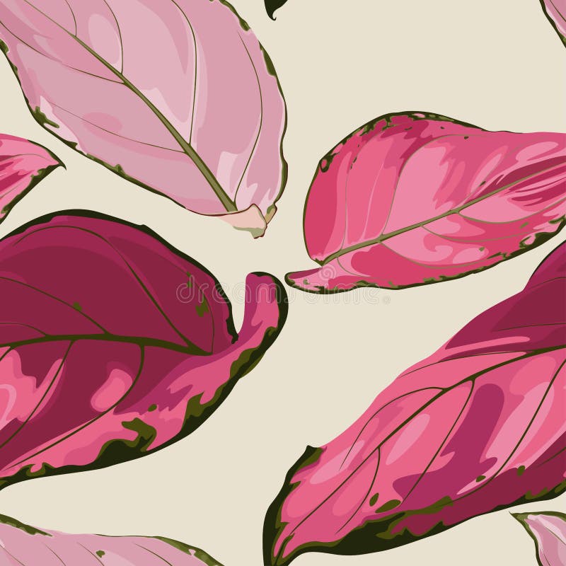 Tropical vintage red Aglaonema modestum Schott palm leaves floral seamless pattern on light yellow background.