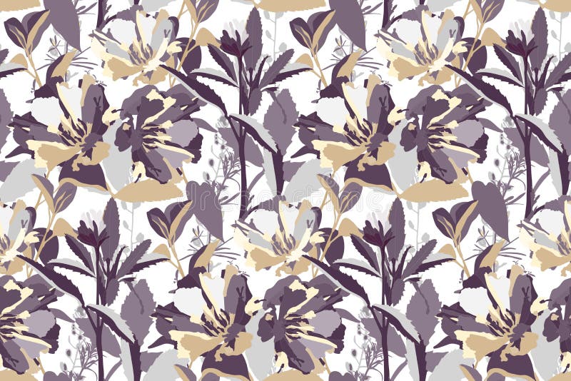 Vector floral seamless pattern. Beige, grey, purple flowers and leaves.