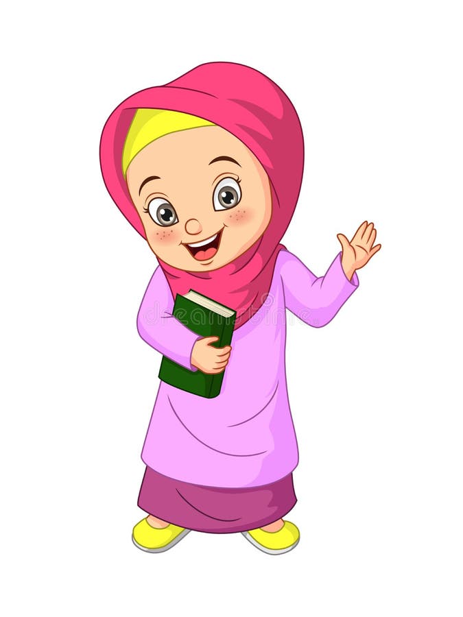 Cartoon Muslim Girl Holding Quran Book Stock Vector - Illustration of ...