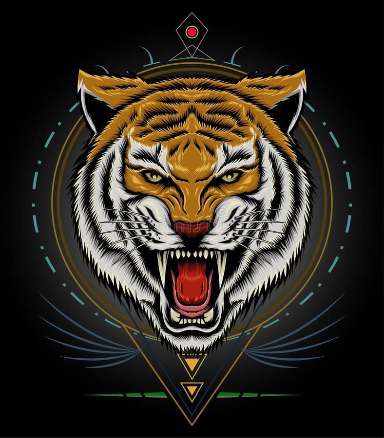 Tiger anger mascot logo with ornament frame vector illustration