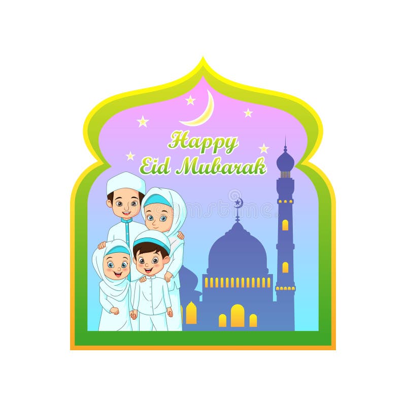 Eid Mubarak greeting card template. Happy family muslim cartoon royalty free illustration