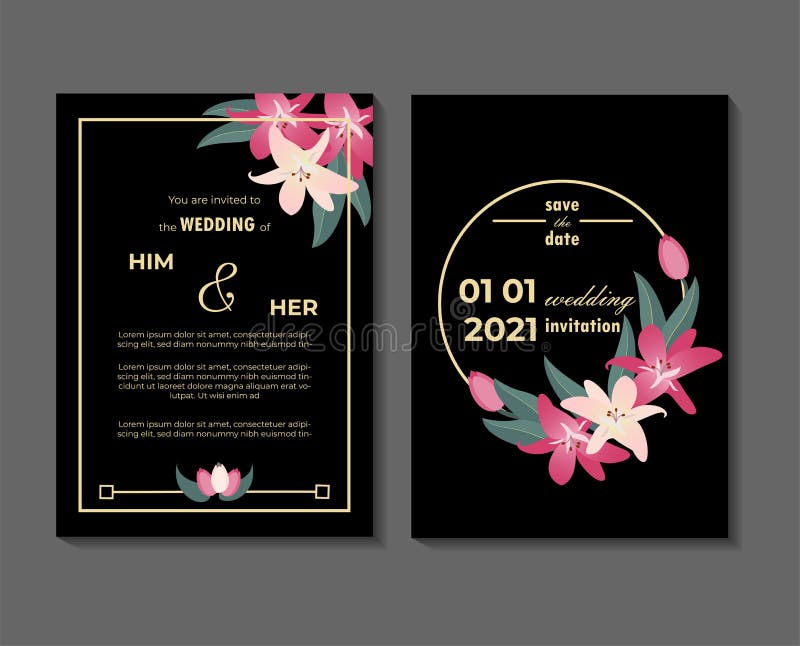 Vector Wedding Invitation Card Flat Design with Pink and White Lily Flowers  and Black Background. Save the Date Wedding Elegant in Stock Vector -  Illustration of save, card: 214893092