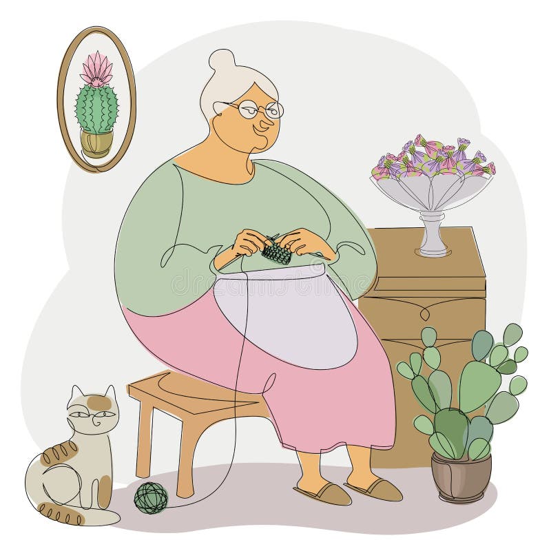 The Woman Knits with Knitting Needles and Threads. a Lady is Sitting in ...