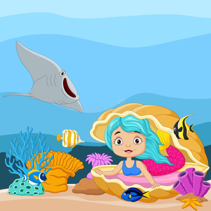 Cartoon little mermaid in the underwater world with open pearl shell and tropical fish vector illustration