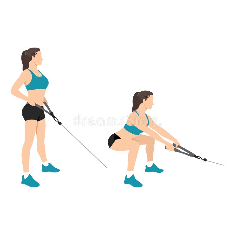 Woman doing cable squat rows exercise stock illustration