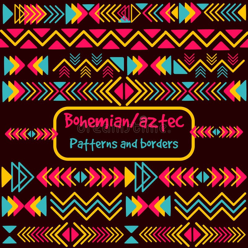 Geometric pack collection with aztec and bohemian motifs. Repetitive background inspired by friendship bracelets. Abstract boho borders with triangles and zigzag lines. Friendship borders vectors