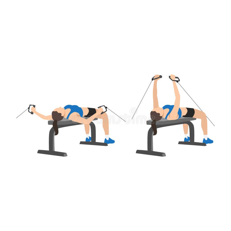 Woman doing Bench cable flies exercise. stock illustration