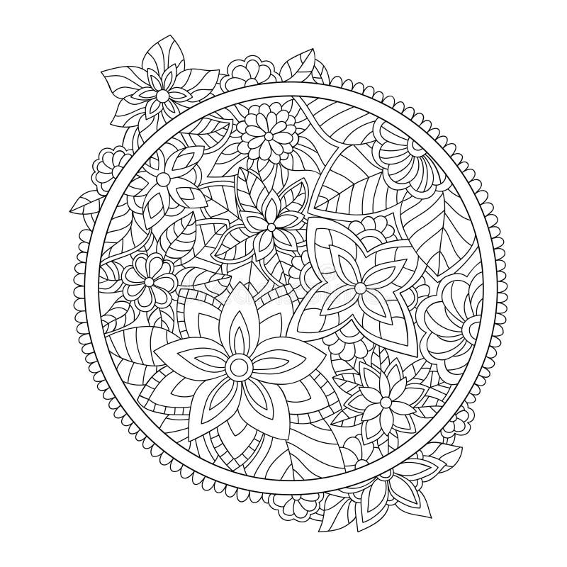 Decorative flowers and leaves with simple pattern in round shape on white isolated background.