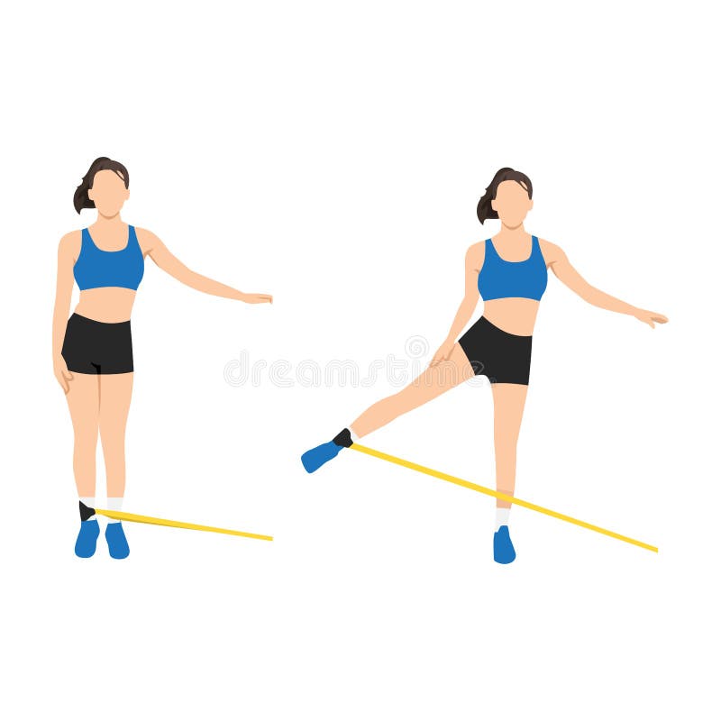 Woman doing Butt. cable standing abduction with long resistance band exercise stock illustration