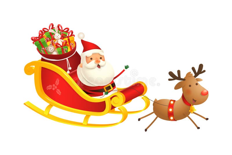 Cute and happy Santa sleigh with Reindeer - vector illustration isolated stock illustration