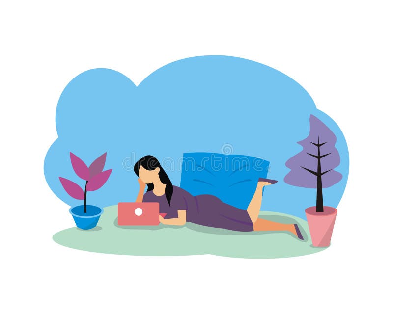 Illustration Vector Graphic of Woman Lying Down while Using Laptop at ...