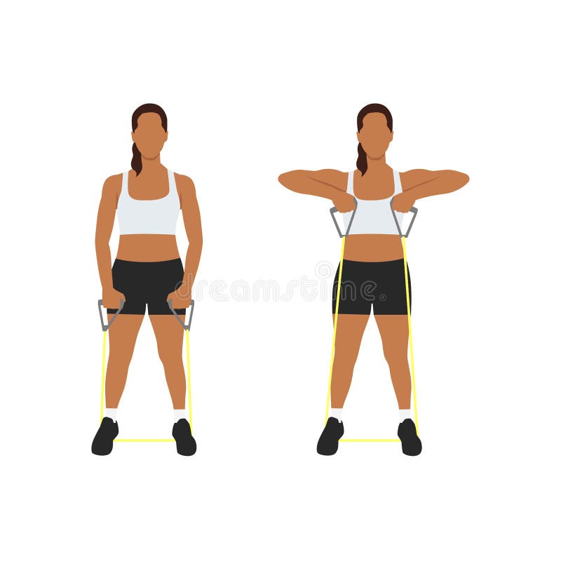 Woman doing Cable upright row with resistance band exercise. vector illustration