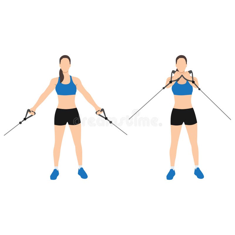 Woman doing low upward cable pulley crossover chest flyes vector illustration