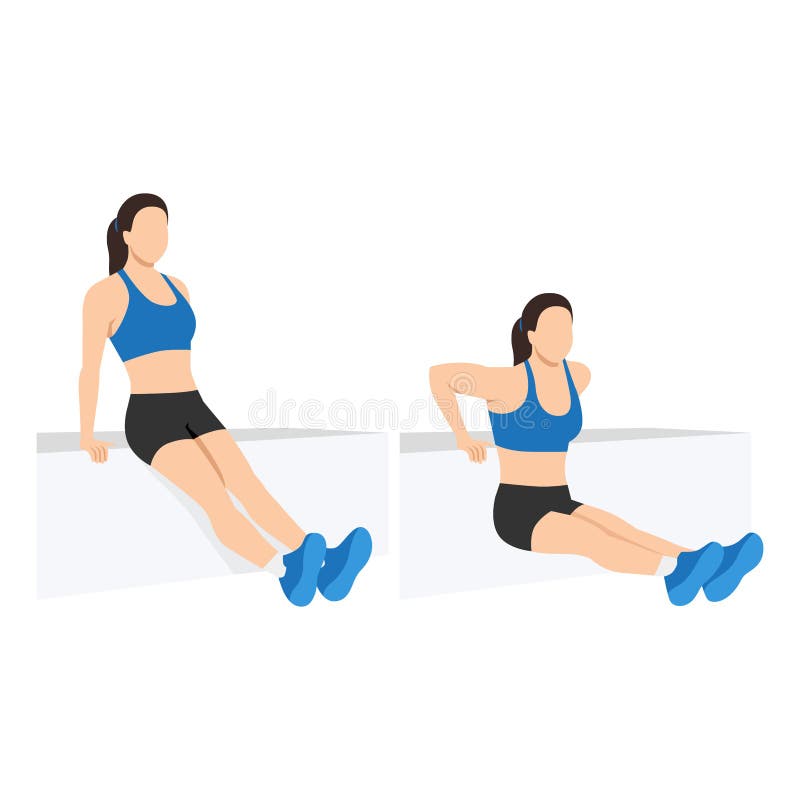 Bench Triceps Dips Female Exercise Guide Black and White Illustration.  Stock Vector - Illustration of training, exercising: 200112710