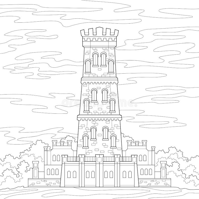 High medieval brick tower with semi-circular windows, trees and grass, sky and clouds. Architecture illustration