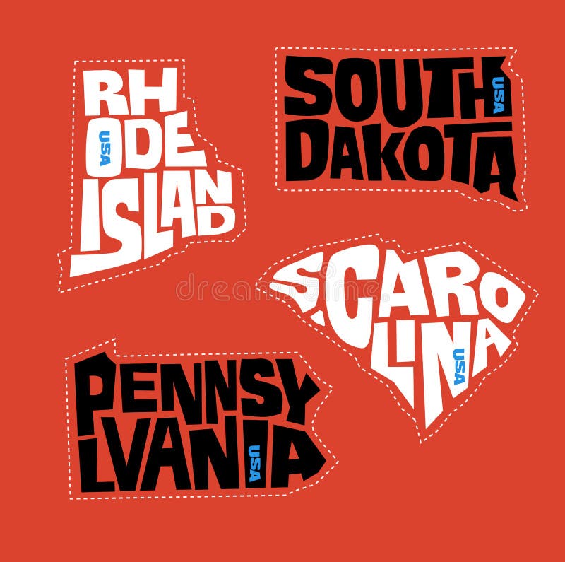 Pennsylvania, Rhode Island, South Dakota and South Carolina state names distorted into state outlines. vector illustration