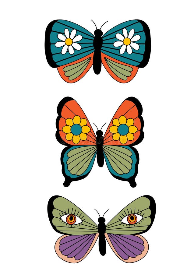 Set of isolated retro groovy butterfly stock illustration