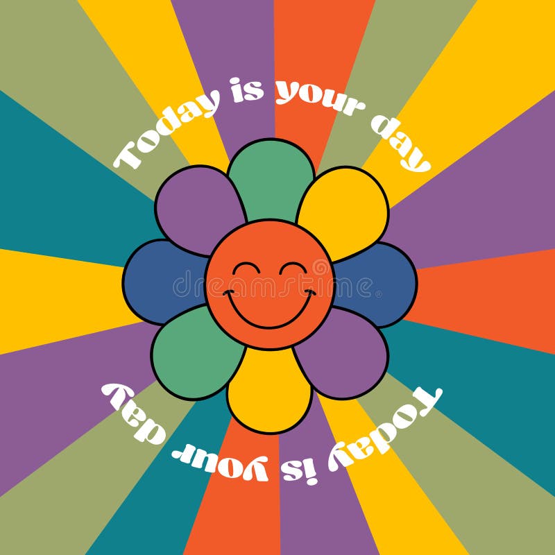 Poster with smiling  flower on rainbow background