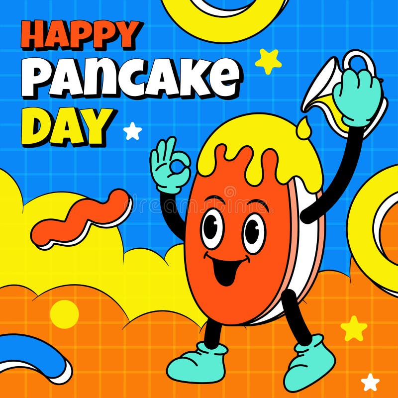 Happy Pancake Day with Colored Hand Drawn Illustration Stock Vector
