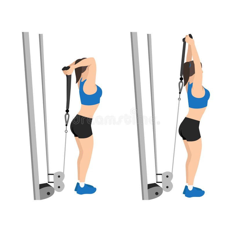 Woman doing cable rope overhead triceps extensions flat vector stock illustration