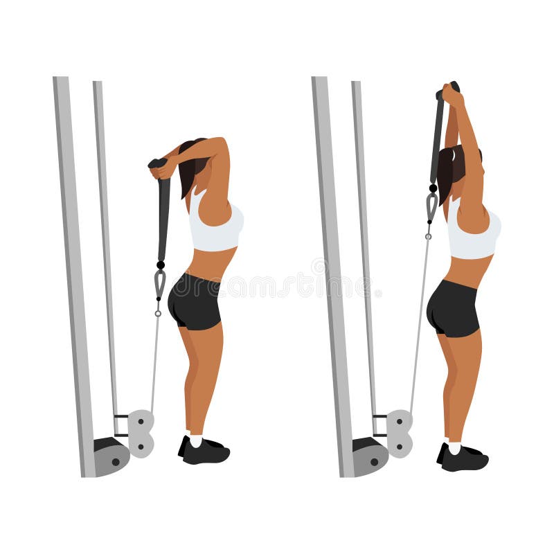 Woman doing cable rope overhead triceps extensions flat vector stock illustration