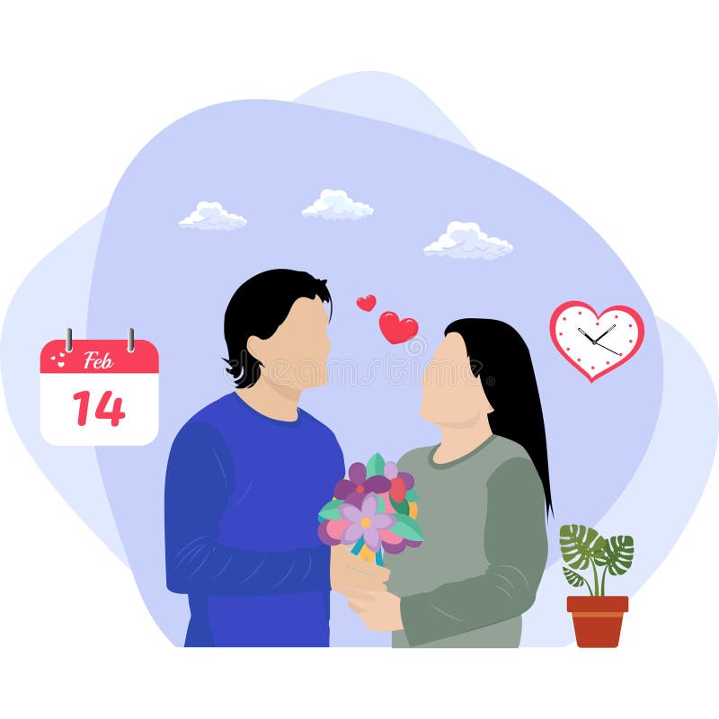 Man Giving Flower Bouquet on Valentine`s Day Illustration Stock Vector