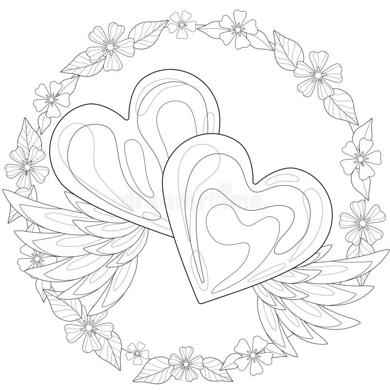 Two Simple Hearts With Stylized Wings Flowers And Leaves In Round