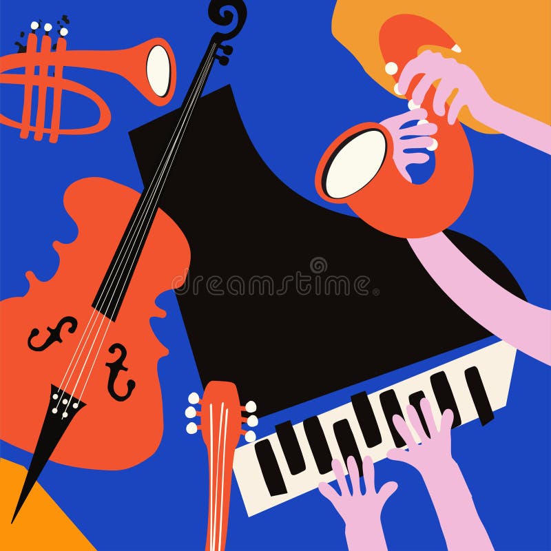 Multicolored Handdrawn Jazz Music Poster with Piano, Sax, Trumpet and
