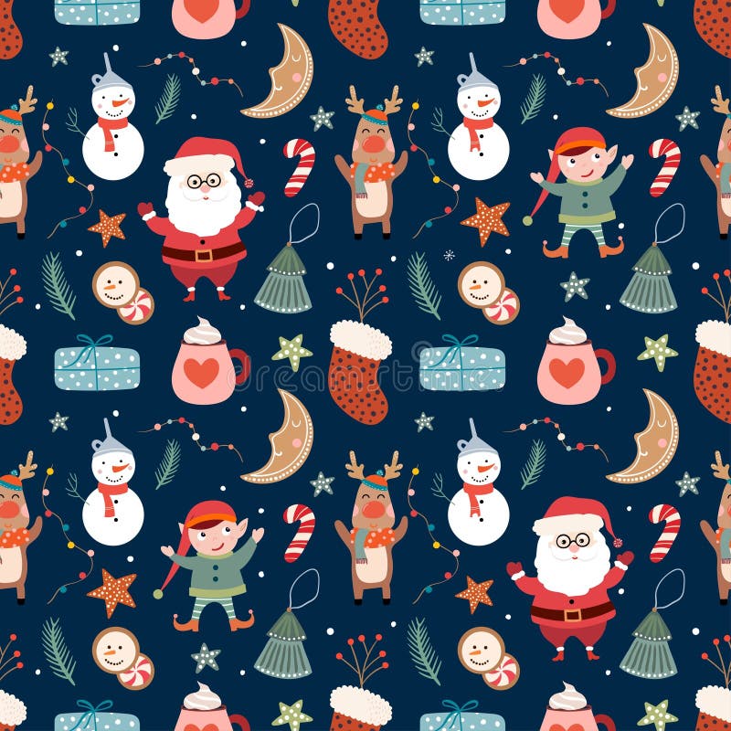 Christmas seamless pattern, wallpaper, background with cute elements, Santa Claus, snowman, reindeer