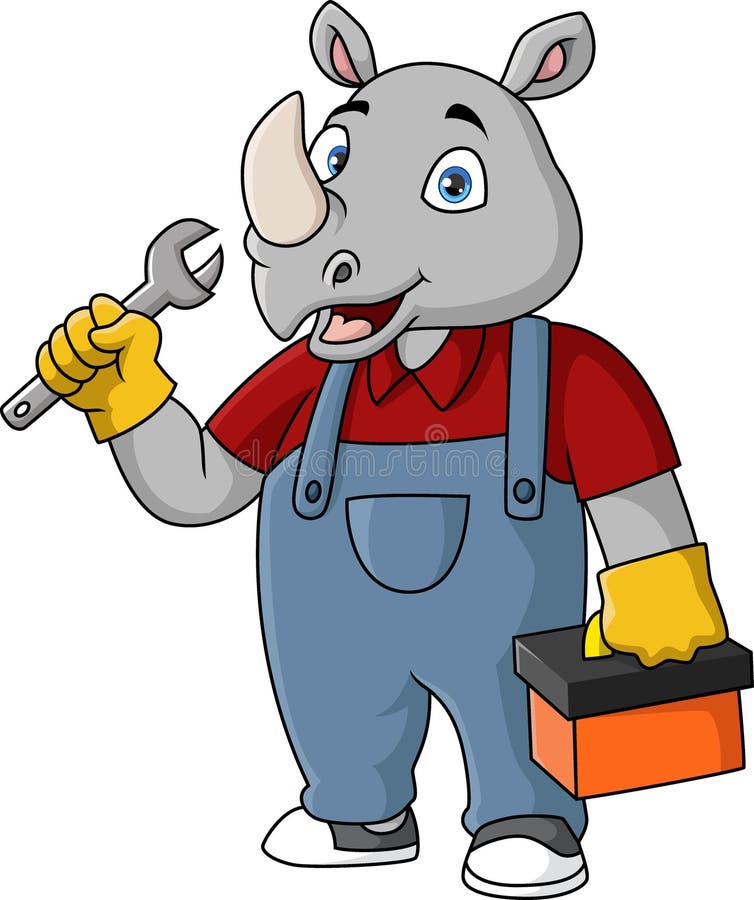 Cute Rhino Plumber Cartoon with Wrench Stock Vector Illustration of