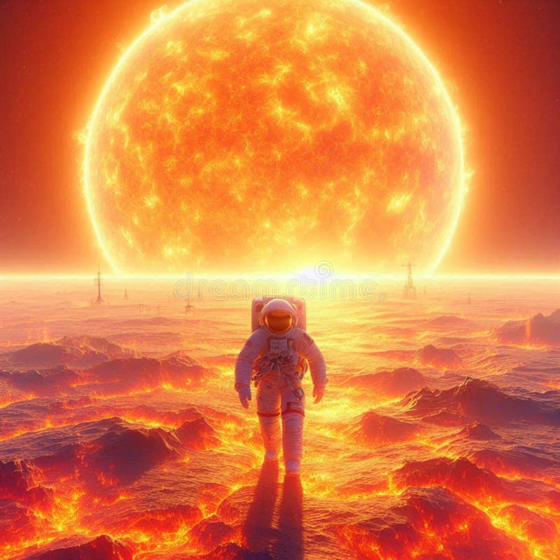 Portrait of an astronaut walking against a very close background of the sun vector illustration