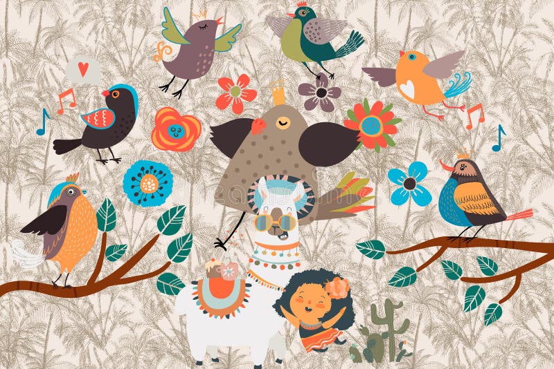 A delightful and vibrant digital illustration featuring a charming collection of birds singing joyfully among blooming flowers and leafy branches. A decorated llama and a cheerful girl add a playful and folk-art touch to the composition. The intricate patterns and earthy background create a warm, inviting atmosphere, perfect for children's book illustrations, greeting cards, wallpapers, and textile prints. Singing llama illustrations