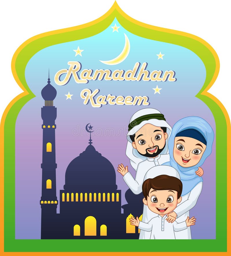 Ramadan Kareem greeting card with family Muslim cartoon royalty free illustration