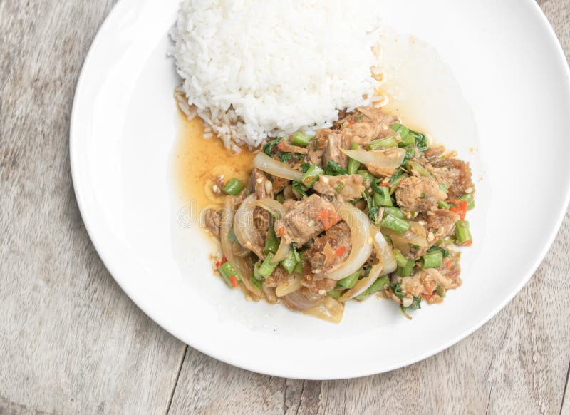 Basil Fried Rice with Stir Fried Crispy Pork, Thai Famous Food Stock